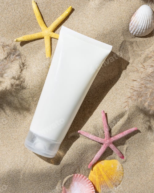 Preview: Sunscreen cream tube, starfishes and seashells on a sand top view, hand shadow, cosmetic mockup