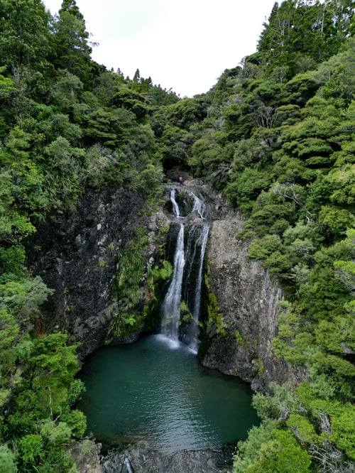 Preview: Scenic view of Kitekite Falls surrounded by lush greenery. New Zealand