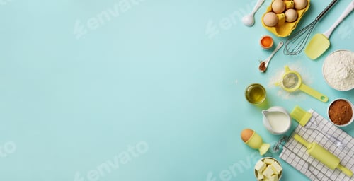 Preview: Banner of baking ingredients - butter, sugar, flour, eggs, oil, spoon, rolling pin, brush, whisk