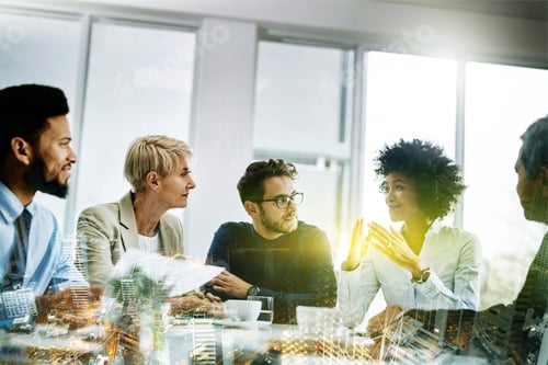 Preview: Overlay, business and staff in meeting, future and conversation for collaboration, partnerships and