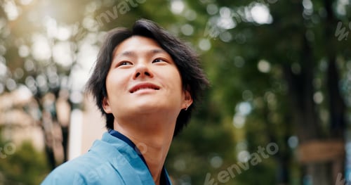Preview: Japanese man, thinking and happy for commute, travel and wondering with thoughtful mind to work. As