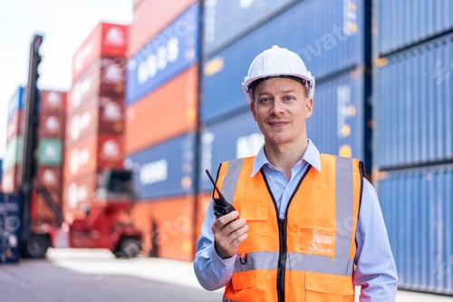 Preview: Portrait of Caucasian man worker working in container port terminal.