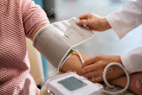 Preview: Close up of senior woman getting her blood pressure measured in a pharmacy.