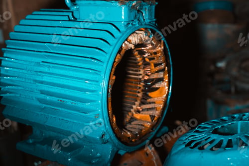 Preview: Broken disassembled electric motor, stator under repair in the garage. Industrial electrical