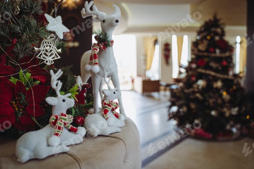 Preview: Christmas festive decoration with white plush textile reindeers