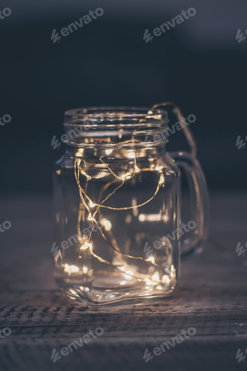 Preview: Garland with lights in mason jar. Christmas mood time. Copy space