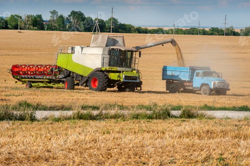Preview: A combine harvests wheat and loads it into a dump truck