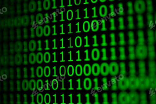 Preview: Numerical continuous code in green color, abstract web data in binary code.