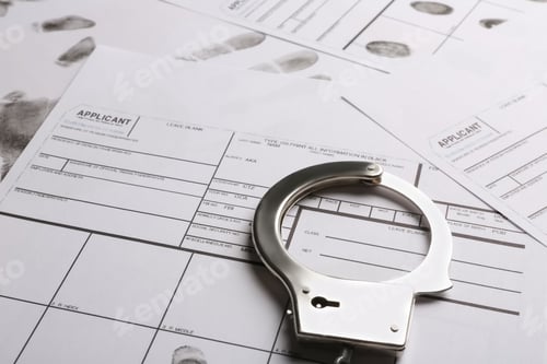 Preview: Handcuffs and fingerprint record sheets, closeup. Criminal investigation