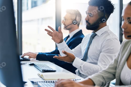 Preview: Call center, customer care and support with a man consultant in a headset working on a computer in