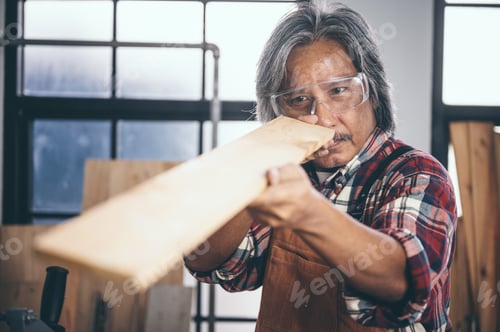 Preview: Background image of woodworking workshop: carpenters work table with different tools