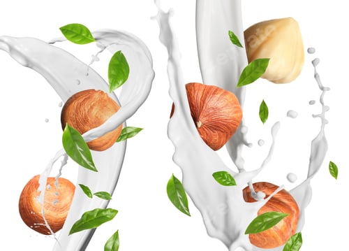 Preview: Nut milk splashes with hazelnuts and green leaves in air on white background