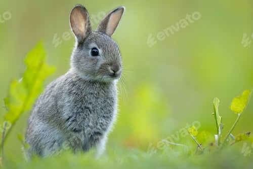 Preview: European rabbit enjoying the green grass in a meadow in Exmoor National Park.