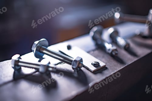 Preview: Metal chrome bolts and nuts on manual flexible massive machine