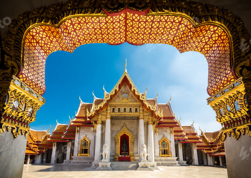 Preview: The marble buddha temple (Wat Benchamabopit Dusitvanaram) at sunset, Bangkok, Thailand