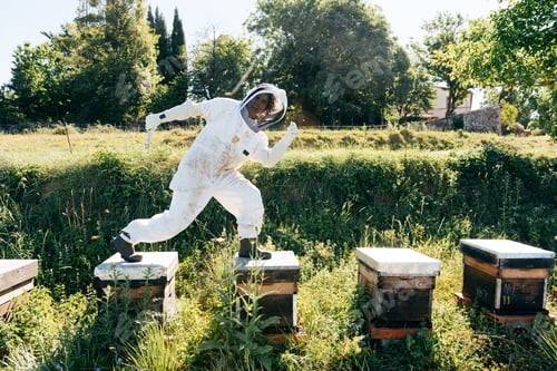 Preview: Cheerful female apiarist having fun in countryside honey farm
