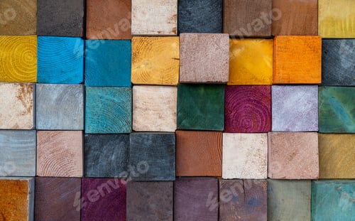 Preview: Abstract colorful wooden brick block texture and background, Multicolor wooden brick wall.