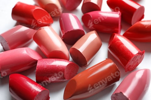 Preview: Collection of bright lipsticks on white background