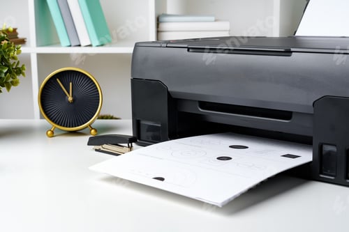 Preview: Workplace with modern printer and clock in the office