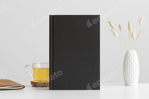 Preview: Black book mockup with a lagurus and workspace accessories on a white table.