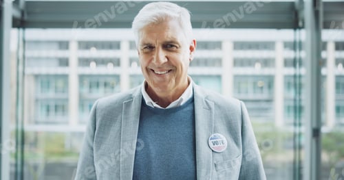 Preview: Man, vote sticker and portrait for election, positive and candidate for america, government and pol