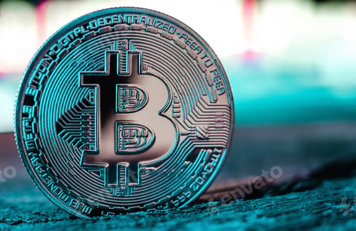 Vista previa: Close-up of a bitcoin coin, copy space. World cryptocurrency. Bitcoin coin on neon blue background