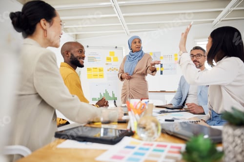 Preview: Woman, coaching and whiteboard with question in meeting, presentation or team strategy at office. C