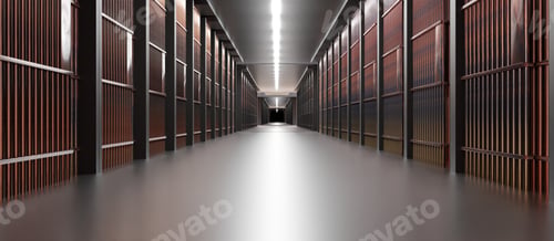 Preview: Prison interior. Jail cells, corridor and security metal bars. 3d illustration