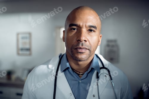 Preview: Portrait of black male medical expert at doctor's office.