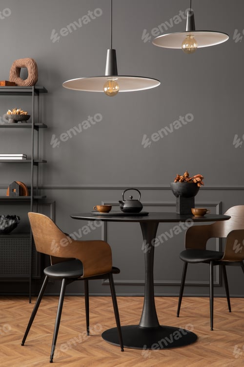 Preview: Creative composition of living room interior with table and personal accessories Home decor Template