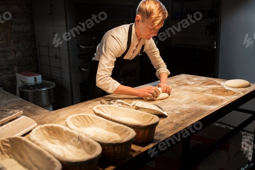 Preview: chef or baker making dough at bakery