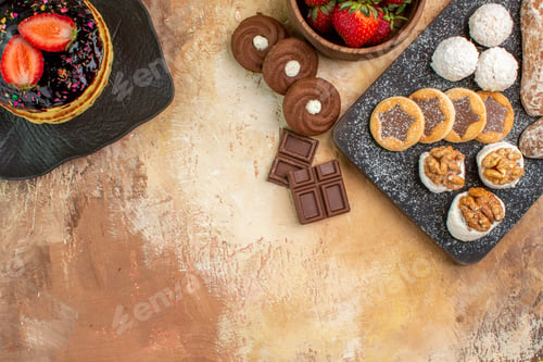 Preview: top view delicious pancakes with sweets and cookies on wooden floor cake pie sweet dessert