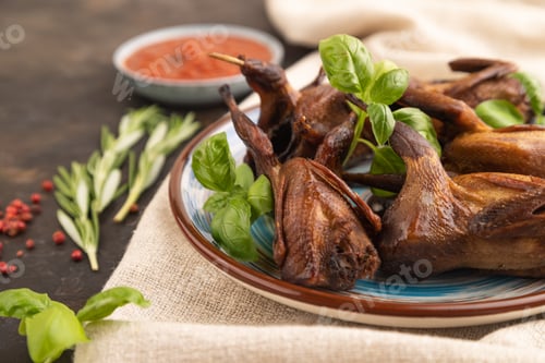 Preview: Smoked quails on a ceramic plate on a black concrete background. Side view, selective focus