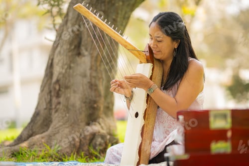 Preview: Woman musician delicately playing a musical instrument with strings in the park