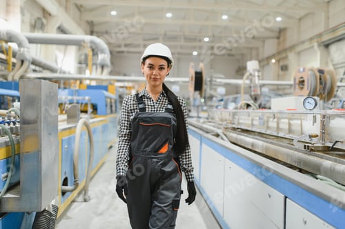 Preview: Female factory worker walking in production line of modern industrial factory