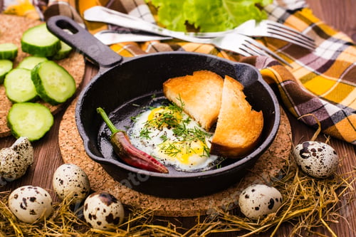Preview: Fried quail eggs in a iron pan, cucumber, pepper and bread