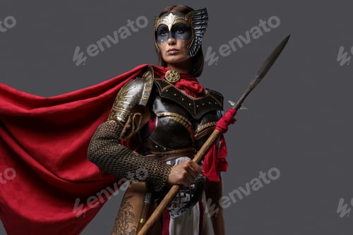 Preview: Brown haired woman wielding spear against grey background