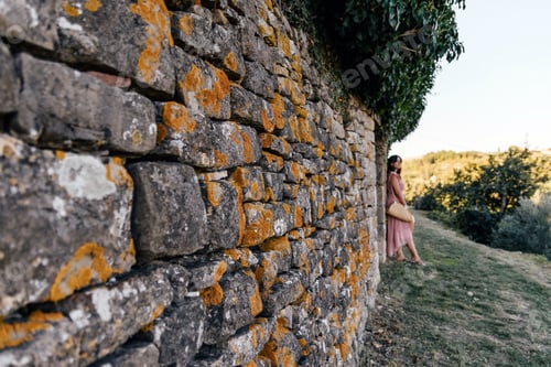 Vista previa: Imagen exterior de enfoque selectivo de mujer joven con vestido rosa apoyada en la pared de piedra.