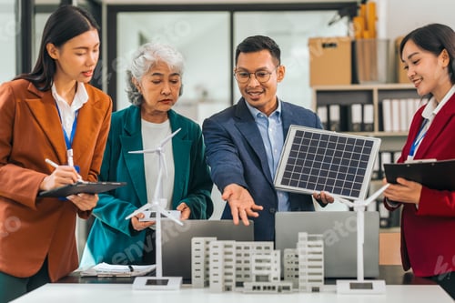 Preview: Group asian business people meeting boardroom clean energy city solutions discussing solar panels