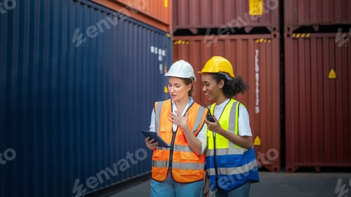 Preview: CEO or Manager in white helmet holding tablet and Woman foreman checking control loading Container