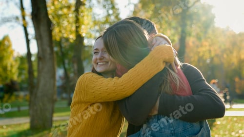 Vista previa: Caucasian carefree family in autumn sunny park parents daughter running to father daddy rise baby up