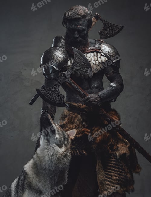 Preview: Handsome and evil guardian holding a double axe standing with a wolf