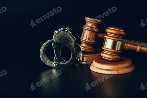 Preview: Judge gavel and handcuffs on dark black background