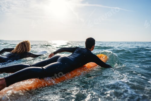 Preview: Young beautiful couple of friends on the sea with surfboards in their hands, sports active lifestyle