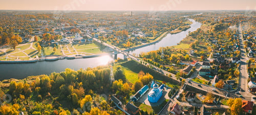 Preview: Kobryn, Brest Region, Belarus. Cityscape Skyline In Autumn Sunny Day. Bird's-eye View Of St