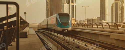 Preview: Train on monorail of Dubai modern subway in desert arabic country at urban skyscrapers backdrop