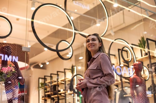Preview: Enjoy lovely lady posing at window store in shop center, laughting looking away