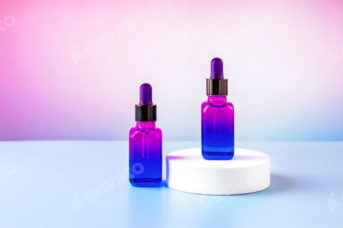 Preview: essential oil bottles on a round podium on a color gradient background