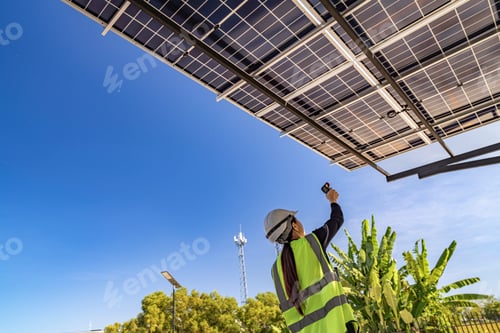 Preview: Engineer in safety vest and helmet pointing towards a solar powered carport