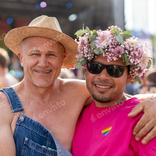 Preview: Beautiful gay couple smiling at camera with flowers in their hair